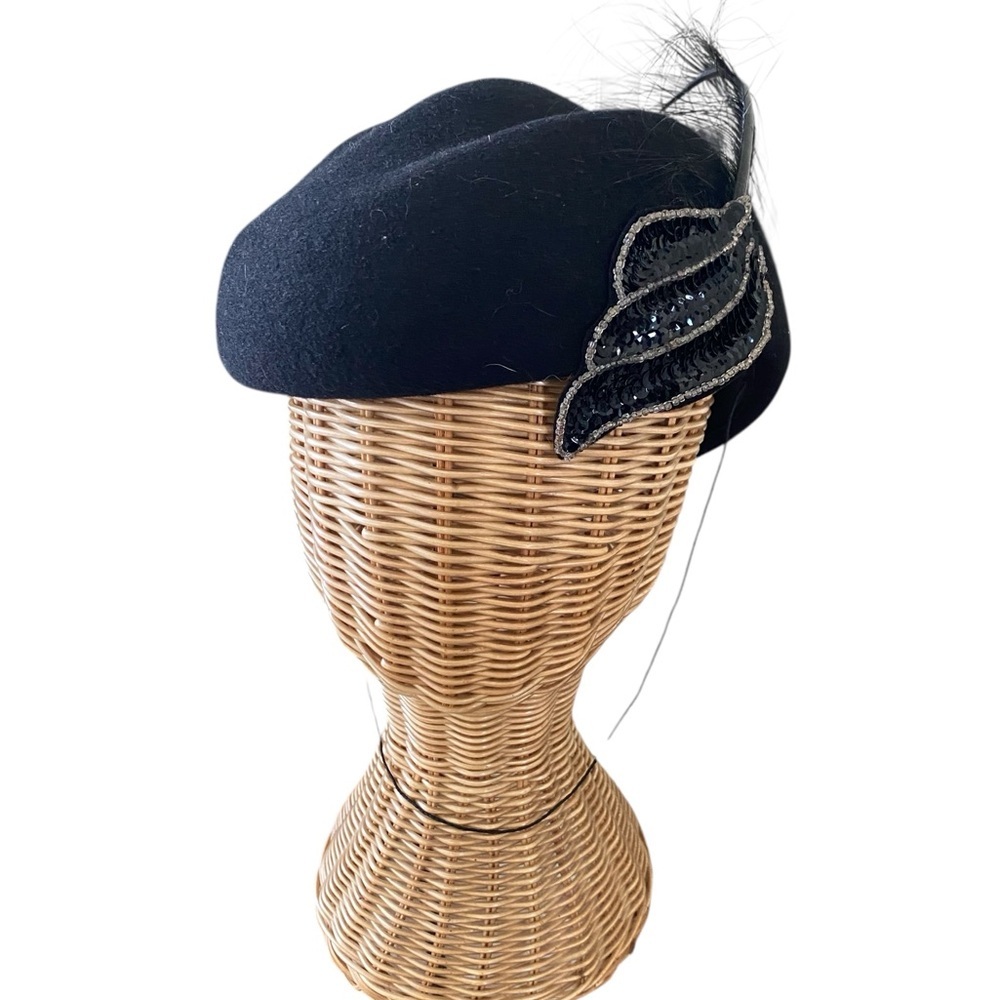 Adolfo II Vintage Excello 100% Wool Black Sequin Hat With Feather